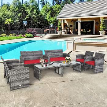 Costway 8PC Patio Rattan Furniture Set Glass Table Top Cushioned Sofa Turquoise\Red