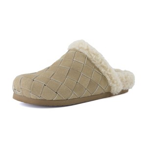 CUSHIONAIRE Cliché Genuine Suede Woven Mule Slippers for Women Indoor and Outdoor - Slip On Faux Fur Lining Women Footwear for Comfort, BISCUIT 9 - 1 of 4