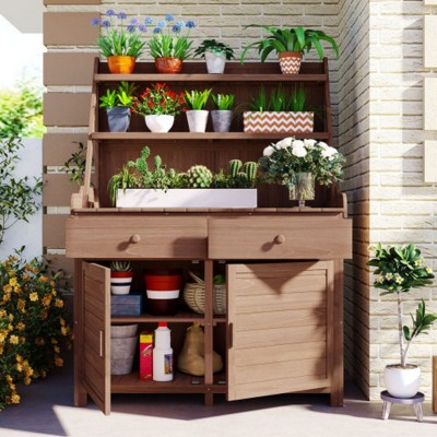 65" Wooden Garden Workstation: Potting Bench with Drawer, Cabinet, Storage Shelf
