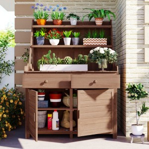65inch Garden Potting Bench Table, Fir Wood Workstation with Storage Shelf, Drawer and Cabinet - 1 of 3