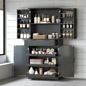 Fluted Pantry Cabinet with Keyboard Drawers & Door Spice Racks, Tall Freestanding Storage Cupboard with Adjustable Shelf for Kitchen, Dining Room - 1 of 4