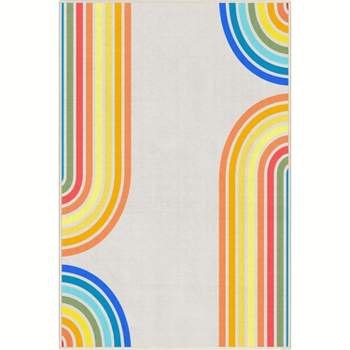 Well Woven Geometric Modern Washable Area Rug - Multi Color Bright Curves Rainbow - For Living Room, Bedroom and Office