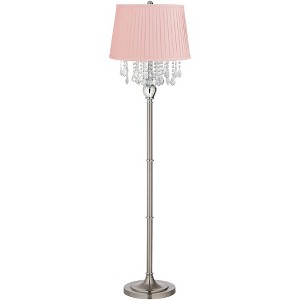 360 Lighting Crystals Traditional 60 1/2" Tall Standing Floor Lamp Foot Switch Silver Metal Satin Steel Finish Bedroom Drum Mapo Bubblegum Pink Shade - 1 of 4