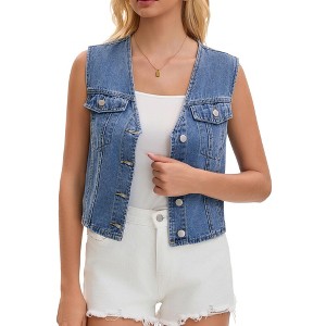 INSPIRE CHIC Women's Denim V Neck Western Button Up Sleeveless Cropped Jean Waistcoat - 1 of 4