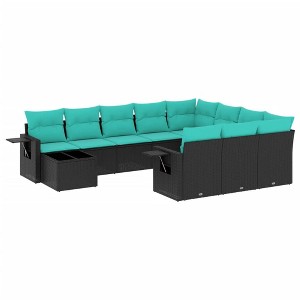 vidaXL 11 Piece Garden Sofa Set with Cushions Black Poly Rattan - Black and Blue - 1 of 4