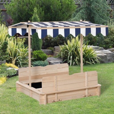 VYNXARIA Wooden Kids Sandbox with Cover, Children Outdoor Sand Box with Foldable Bench Seats, Adjustable Canopy, Bottom Liner for Outdoor, Natural