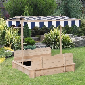 VYNXARIA Wooden Kids Sandbox with Cover, Children Outdoor Sand Box with Foldable Bench Seats, Adjustable Canopy, Bottom Liner for Outdoor, Natural - 1 of 4