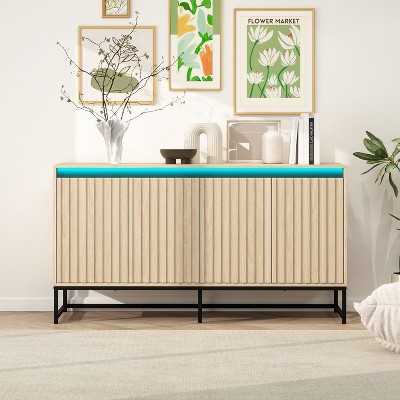 TIRAMISUBEST 4 Door Sideboard with LED, Buffet Cabinet Storage Cabinet Modern Coffee Bar Cabinet With Adjustable Shelf