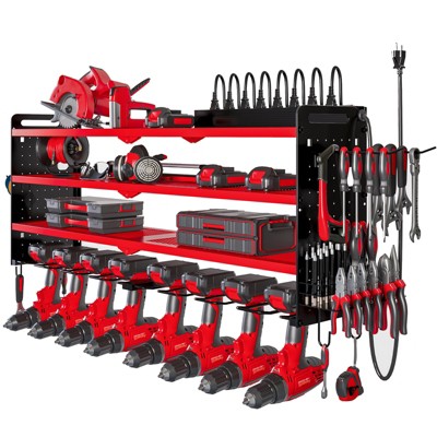 WOWLIVE 4 Tier Storage Rack for Garage, Heavy Duty Rack, Large Power Tool Organizer Wall Mount with Charging Station, 8 Drill Holder