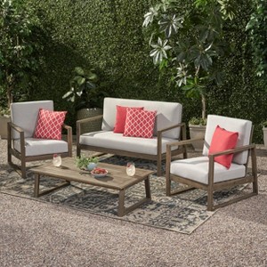 Christopher Knight Home Bringier Outdoor Acacia Wood 4 Seater Chat Set with Water Resistant Cushions - 1 of 4