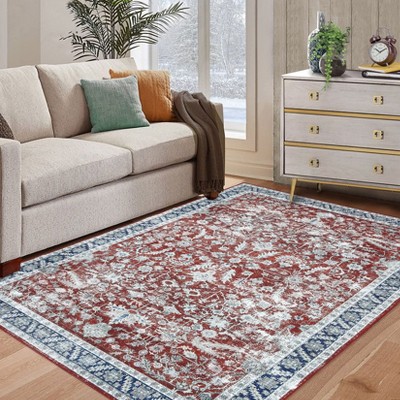 Coolmee Area Rugs Machine Washable Carpet Vintage Floral Low Pile Non Shedding Soft Area Rugs for Living Room Bedroom