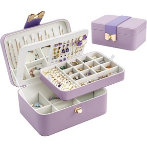 2-Layer Jewelry Box for Teen Girls, Bow Clasp Organizer with Mirror for Earrings & Rings, Blue - 1 of 4