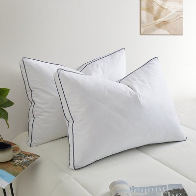 Queen Size White Goose Feather Down Pillows with Navy Piping, Pack of 2