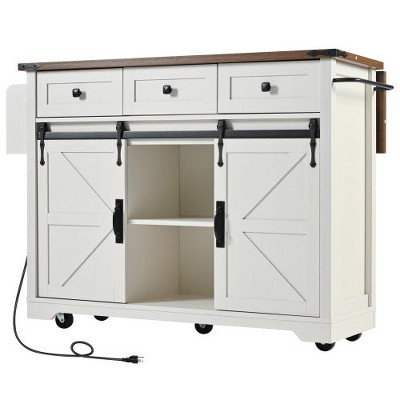 LunaLulinlk 53.7" Farmhouse Kitchen Island with Power Outlet, 2 Sliding Barn Door Kitchen Storage Island with Drop Leaf
