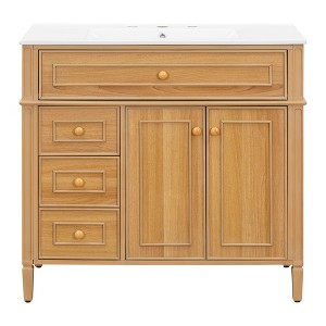 Gulches 36 Inches 1 Sink Freestanding Wood Bath Vanity with White Ceramic Top 3 Drawers 2 Soft Close Doors - 1 of 4