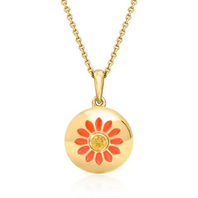 Ross-Simons 0.10 Carat Yellow Sapphire and Orange Enamel Flower Pendant Necklace in 18kt Gold Over Sterling Size 18