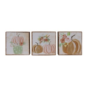 Transpac Wood Mini Blocks Floral Pumpkins Set of 3 Decorative Objects Fall Harvest Multicolored Tabletop Decor - 1 of 1