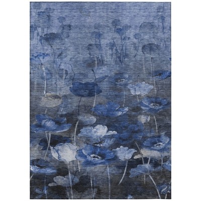 Navy Blue And Denim Blue Floral Washable Indoor Outdoor Area Rug