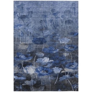 Navy Blue And Denim Blue Floral Washable Indoor Outdoor Area Rug - 1 of 4