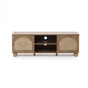 LuxenHome Natural Oak Finish Engineered Wood TV Console, Pine Round Ball Legs, Functional Storage Brown - 1 of 4