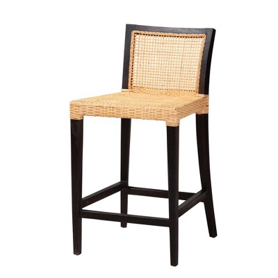 Lingga Dark Brown Mahogany Wood and Natural Rattan Counter Stool