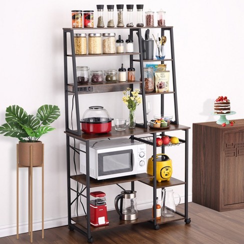 Whizmax Bakers Rack With Power Outlet Microwave Stand With Wire Basket Coffee Bar With Open Kitchen Storage Shelves Rusticbrown Target