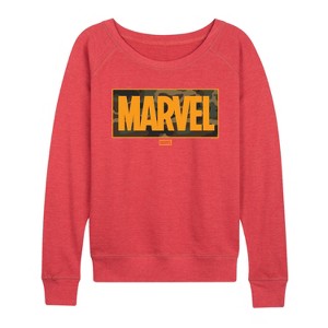 Women's - Marvel - Camo Logo Lightweight French Terry Wide Neck Long Sleeve Graphic Shirt - 1 of 3
