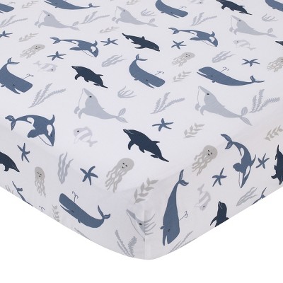 Image of NoJo Marine Navy, Light Blue, Chambray, and White Ocean Friends 100% Cotton Nursery Fitted Crib Sheet