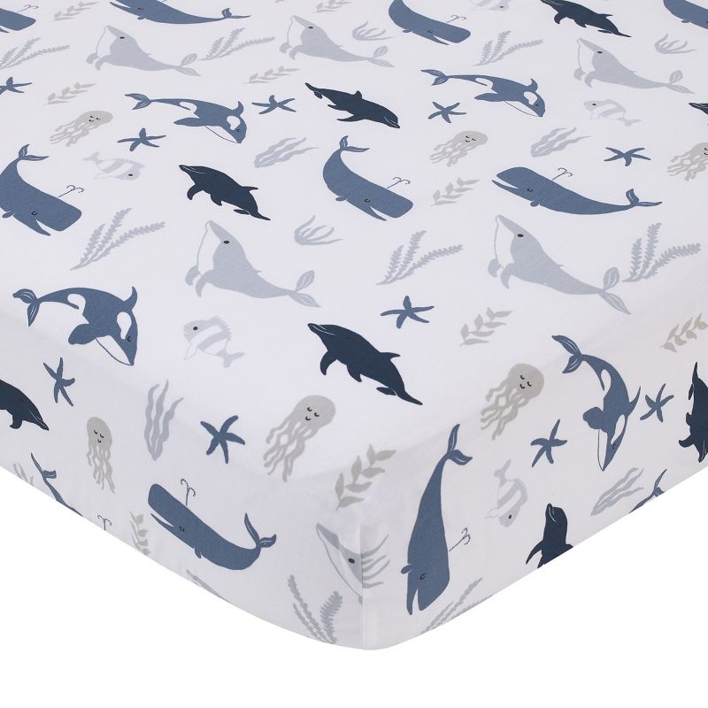NoJo Marine Navy, Light Blue, Chambray, and White Ocean Friends 100% Cotton Nursery Fitted Crib Sheet, 1 of 2