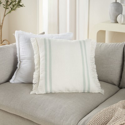 Sage Striped Cotton Linen 20" Square Throw Pillow