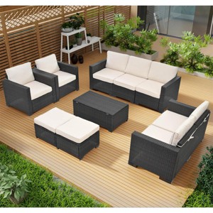 ELJGET 10PCS Outdoor Patio Wicker Furniture Set Cushioned Sectional Sofa Storage Coffee Table Light Beige Cushion - 1 of 4