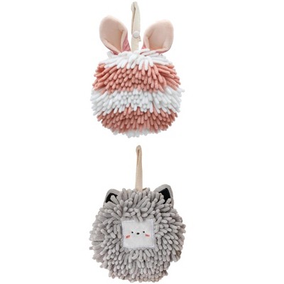 REGALWOVEN Rabbit Shape Quick Drying Soft Absorbent Decorative Chenille Fuzzy Ball Hand Towels with Hanging Loops 7" x 7" 2 Pcs