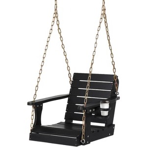 VINGLI Heavy Duty 880 LBS HDPE Porch Swing Outdoor with Rotatable Cup Holder, with Adjustable Chains, 1 Person Hanging Porch Swing Chair - Black - 1 of 4