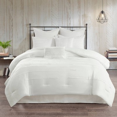 White Microfiber Queen 8-Piece Comforter Set with Gathered Embellishment