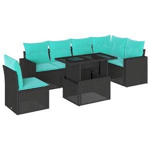 vidaXL 7 Piece Garden Sofa Set with Cushions Black Poly Rattan - Black - 1 of 4