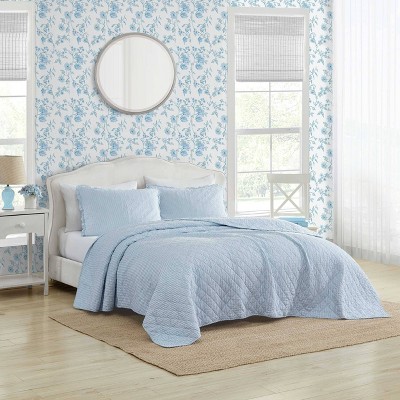 Oxford Stripe Blue Cotton Reversible King Quilt Set