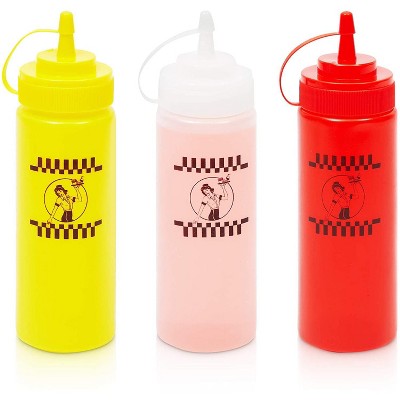 Juvale 3 Pack Plastic Condiment Squeeze Bottles for Restaurants, 3 Colors (12 oz)