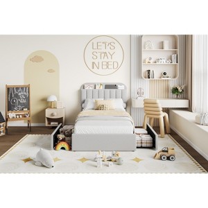 Twin Size Platform Bed Frame, Upholstered Bed Frame, 2 Rolling Drawers, Noise Free Bedframe with Wooden Slats Supports, No Box Spring Needed - 1 of 4