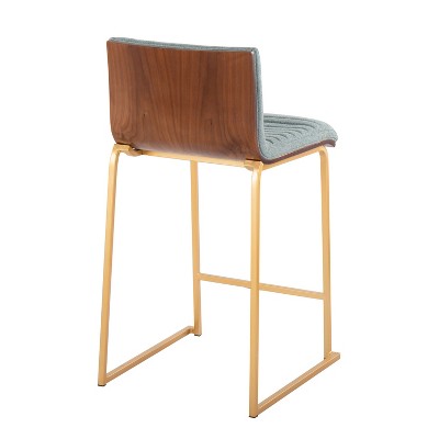 Set of 2 Green Upholstered Wood and Gold Metal Counter Stools