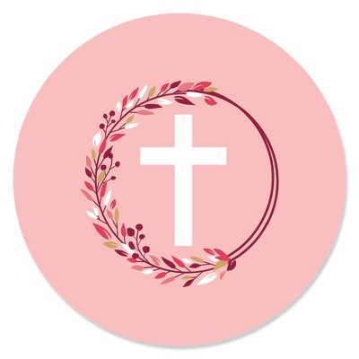 Big Dot of Happiness Pink Elegant Cross - Girl Religious Party Circle Sticker Labels - 24 Count