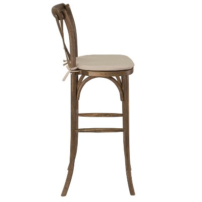 Antique Dark Brown Ash Wood Barstool with Burlap Cushion
