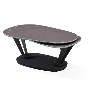 HomeRoots 36" Gray And Black Faux Marble And Metal Oval Coffee Table