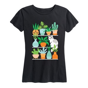 Women's - Instant Message - Succulents Cat on Shelves Short Sleeve Graphic T-Shirt - 1 of 4