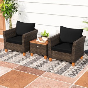 Costway 3 PCS Outdoor Patio Rattan Bistro Furniture Set Wooden Table Top Cushioned Sofa Gray/Black/Beige/Navy - 1 of 4
