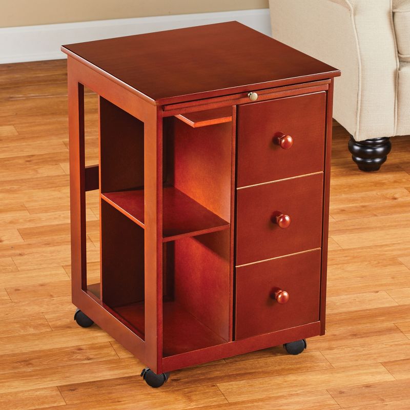 Collections Etc Rich Cherry Finish Rolling Storage Table with Pull Out Table 16 X 16 X 24 N/A, 4 of 7