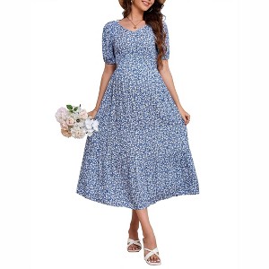 Clearlove Women's Floral Long Midi Dress V Neck Short Sleeve Ruffle Tiered Layered Swing Dresses - 1 of 4