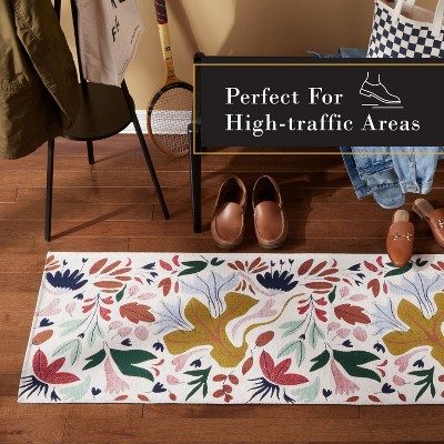 Cream Floral Synthetic Washable Non-Slip Decorative Rug, 24" x 72"