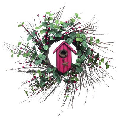 Transpac Wood 24 in. Green Christmas Twig Birdhouse Wreath