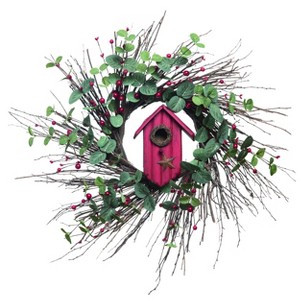 Transpac Wood 24 in. Green Christmas Twig Birdhouse Wreath - 1 of 2
