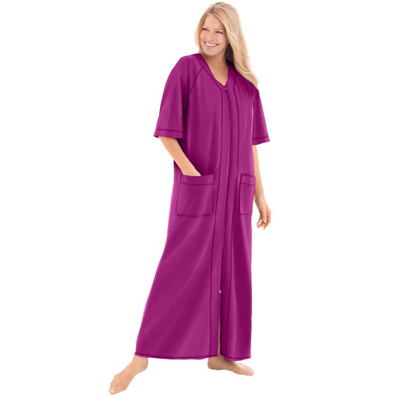 Dreams & Co. Women's Plus Size Petite Long French Terry Zip-Front Robe, 1 of 2